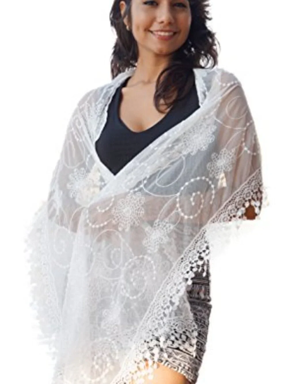 Lightweight Lace Teardrop Fringe Mesh Crochet Tassel Scarf Wrap Shawl